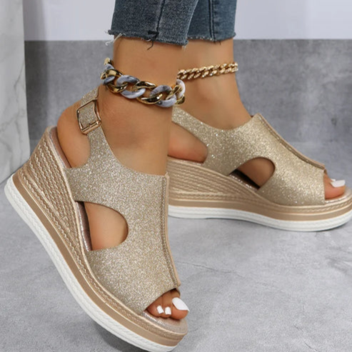 Drune | Schicke Glitzer Wedge Sandalen