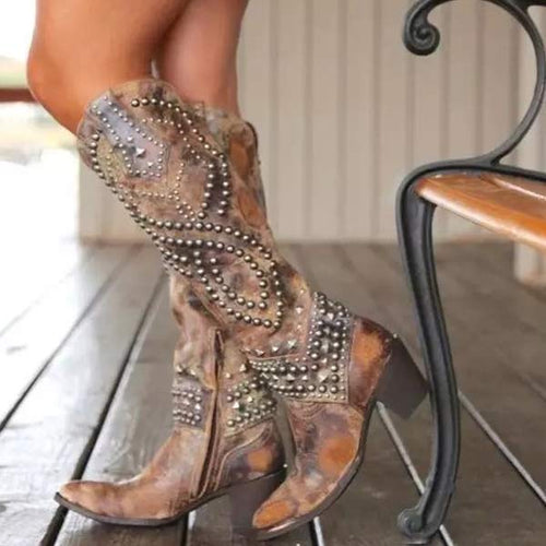 Drune | Nieten Chunky Heel Knielange Stiefel