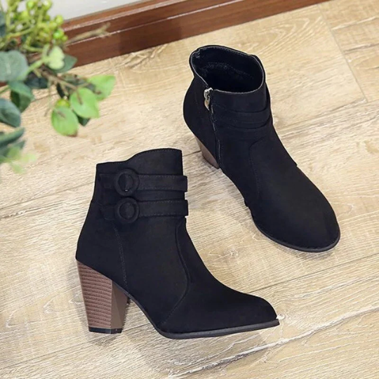 Drune | Damen Wildleder Ankle Boots mit Doppelsteckverschluss, Hohem Blockabsatz, Reißverschluss