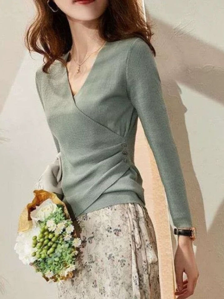 Drune | Casual V-Ausschnitt Unifarben Stricktop Grün