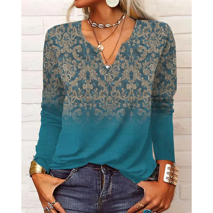 Drune | Stil V-Hals-Bluse mit langen Ärmeln - Buntes Blumenmuster-Design für Damen