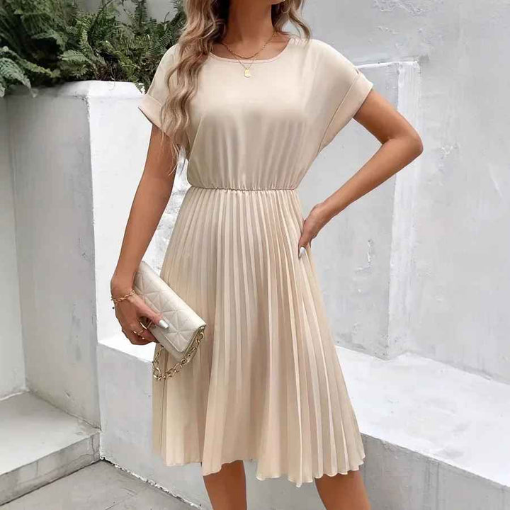 Drune | Einfarbig Plissierter Kurzarmkleid