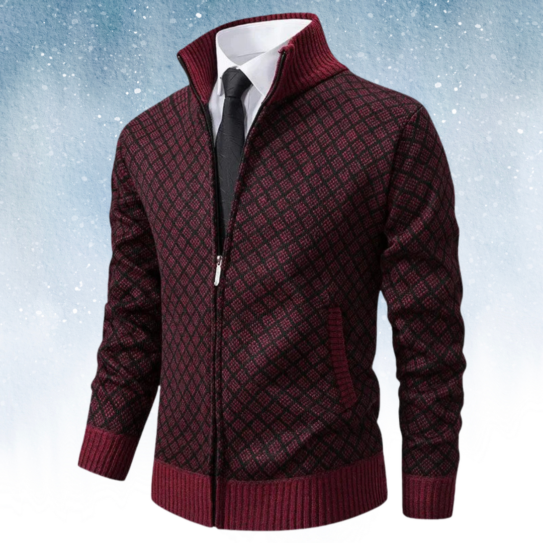 Drune | Strickjacke Reißverschluss Hoher Kragen Modernes Karomuster Bequeme Passform
