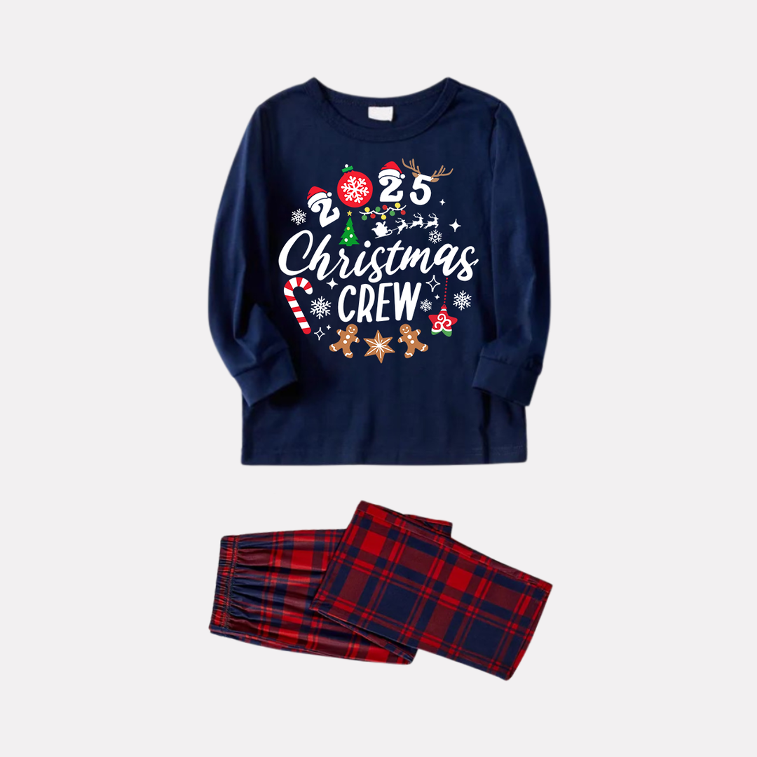 Drune | "2025 Weihnachtsmann Crew" Text und Santa Hat Drucke Blau Langarm Top mit Rot- und Blaukarierten Hosen Weihnachts Matching Pyjamas