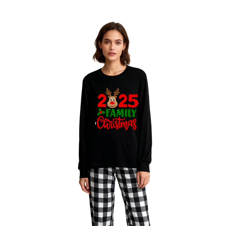 Drune | "2025 Familie Weihnachten" Elch Brief Druck Schwarz Langarmtop mit Schwarz- und Weißkarierten Hosen Familie Passende Pyjamas