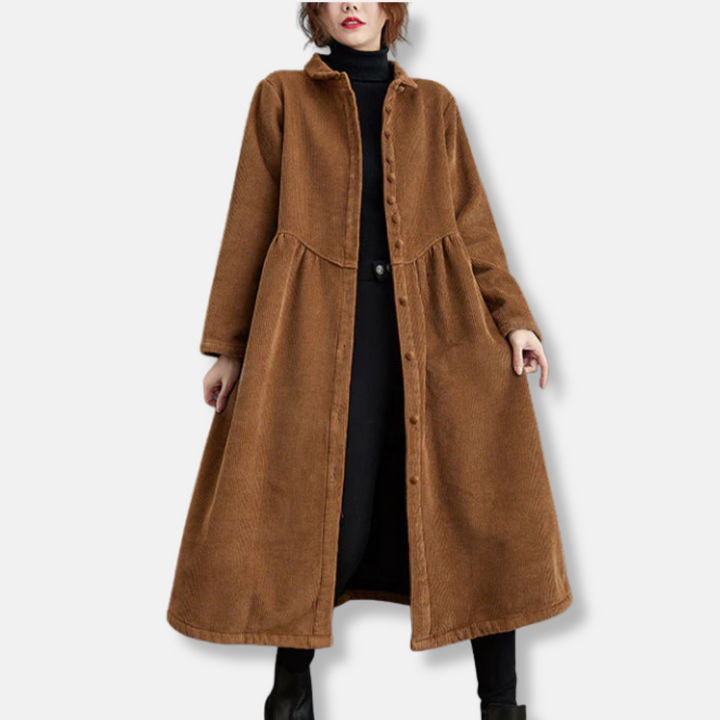 Drune | Lange Jacke Cord A-Linie Lockere Passform Hoher Kragen Midi Knopfverschluss
