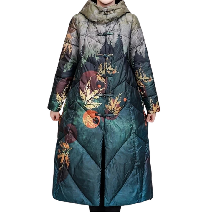 Drune | Damen Lange Winter Puffermantel Blattdruck