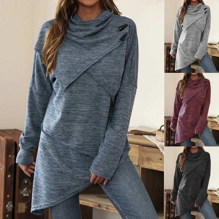 Drune | Damen Hoodie - Langer Pullover mit Wickelkragen & Knopfdetails