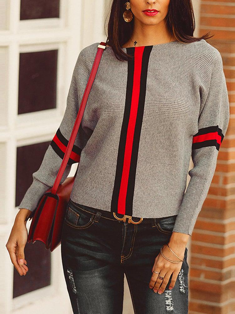 Drune | Grauer Dolman Pullover mit Roten Streifen