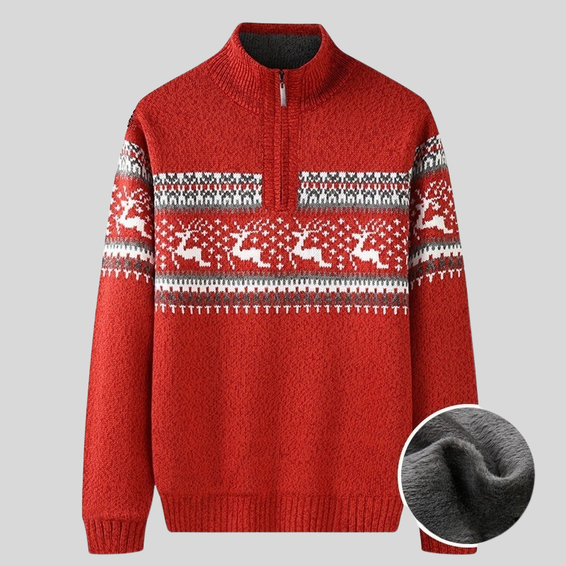 Drune | Nordic Strickpullover Halber Reißverschluss mit Hohem Kragen Warme Plüschfutter