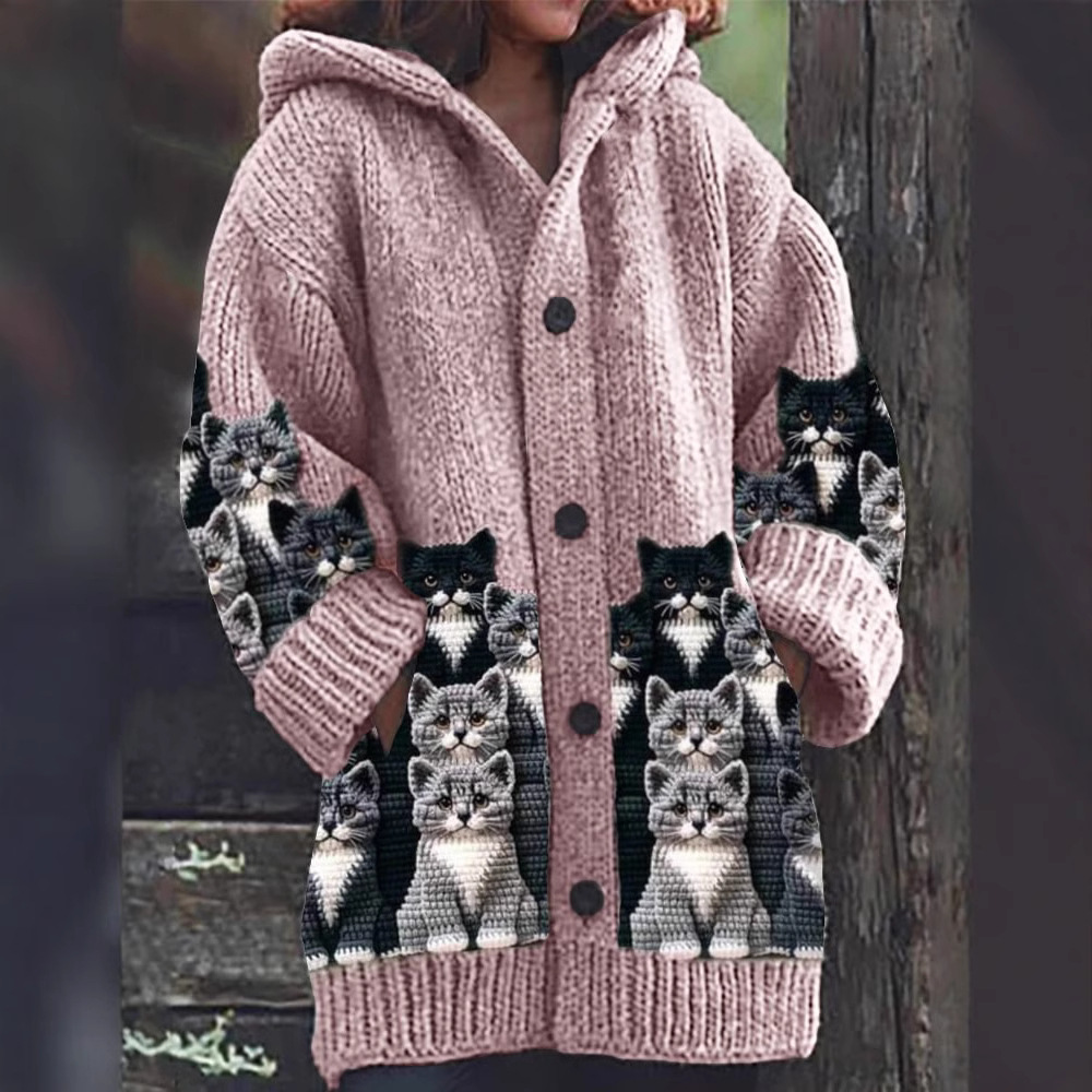 Drune | Gemütlicher Gestrickter Katze Druck Cardigan