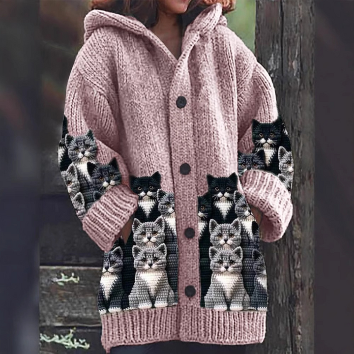 Drune | Gemütlicher Gestrickter Katze Druck Cardigan