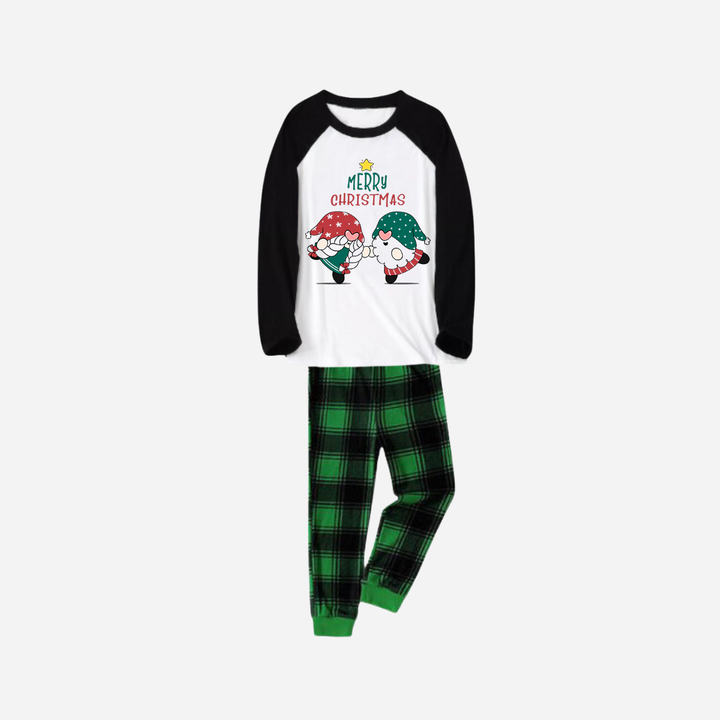 Drune | Schwarzes Raglan-Oberteil Grünes Karomuster Weihnachts-Pyjama-Set mit Gnom und Frohe Weihnachten Textdruck