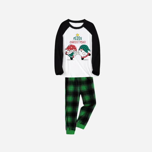 Drune | Schwarzes Raglan-Oberteil Grünes Karomuster Weihnachts-Pyjama-Set mit Gnom und Frohe Weihnachten Textdruck