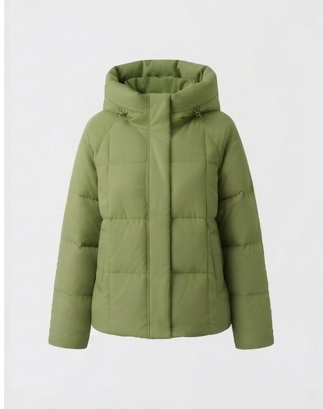 Damen kurze gesteppte Kapuzenparka mit leichtem thermischen Futter, quadratischer Steppung und verstellbarem Kordelzugsaum