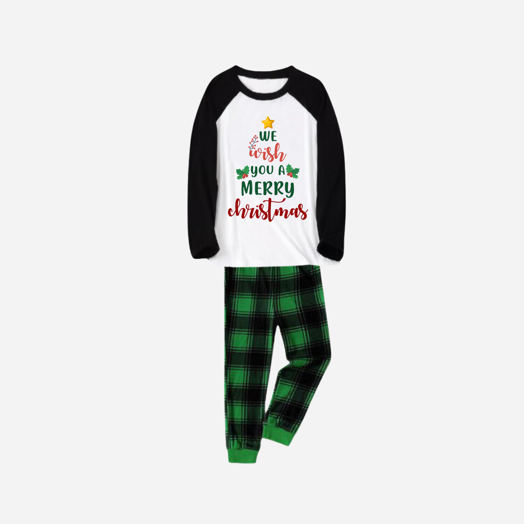 Drune | Schwarzes Raglan-Oberteil Grüner Karierter Weihnachts-Pyjama-Set Mit "We Wish You a Merry Christmas" Textdruck