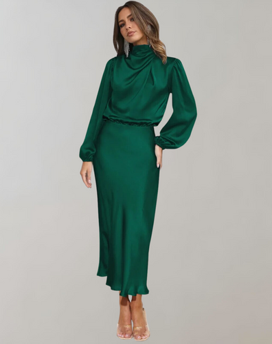 Drune | Klassisches Satin Kleid Mit Hohem Kragen Und Langen Ärmeln Für Frauen