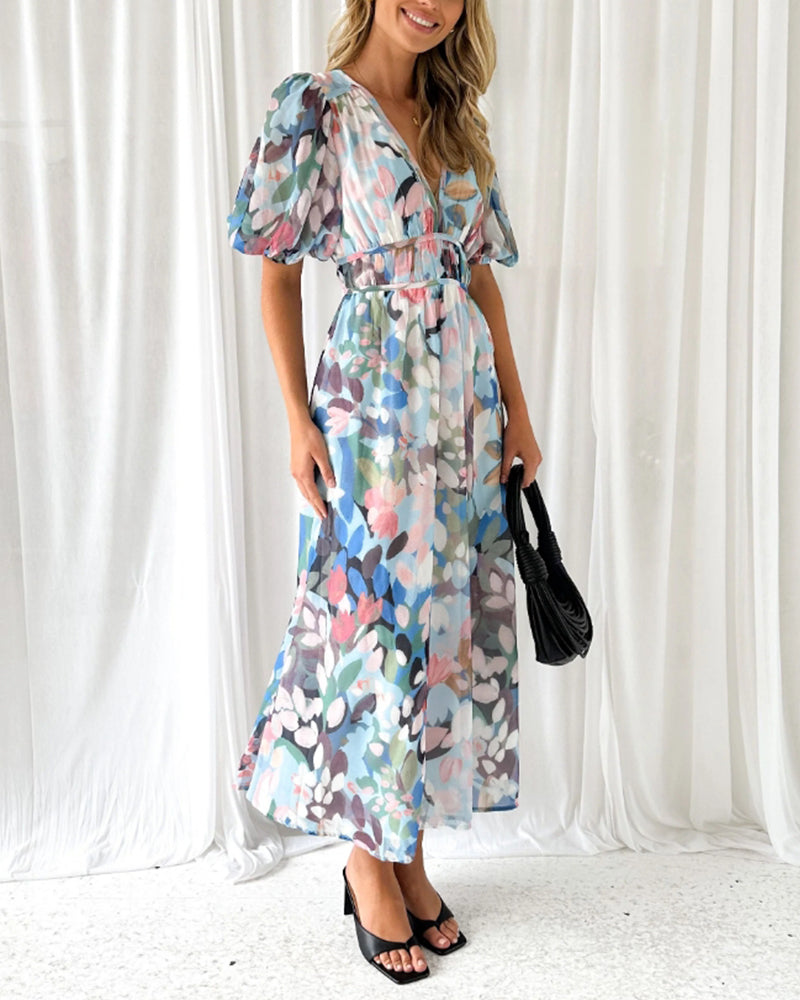 Drune | Elegantes Kleid mit Blumendruck und V-Ausschnitt