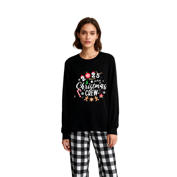 Drune | 2025 Weihnachts Crew Gemeinsam Erinnerungen Schaffen Textdruck Schwarzes Langarmshirt mit Schwarz-weissem Karohosen Familienpassende Pyjamas