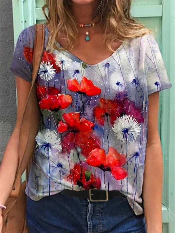 Drune | Shirt Mit V-ausschnitt Malerei Blumenkunst