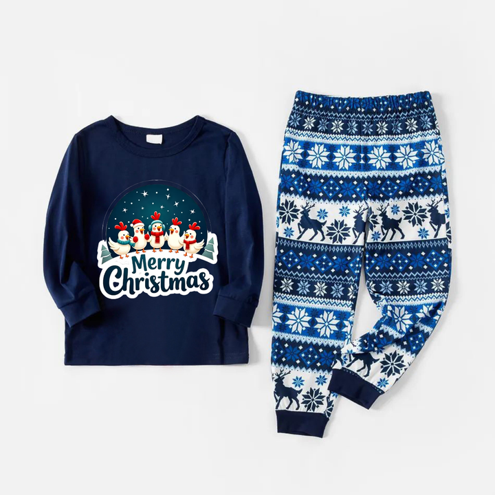 Drune | Lustige blaue Weihnachts-Pyjama-Set mit glücklichen Küken und "Frohe Weihnachten" Textdruck