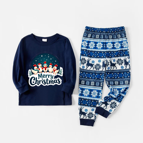 Drune | Lustige blaue Weihnachts-Pyjama-Set mit glücklichen Küken und 