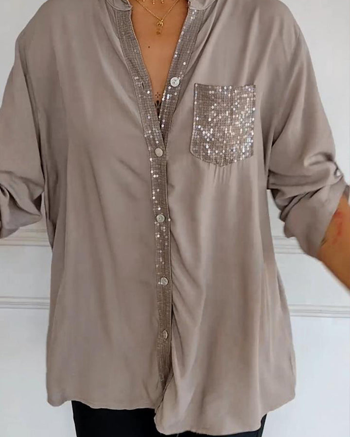Drune - Schicke Bluse mit Knopfleiste und Paillettenbesatz für Damen | Elegante Langarmbluse mit Paillettentasche
