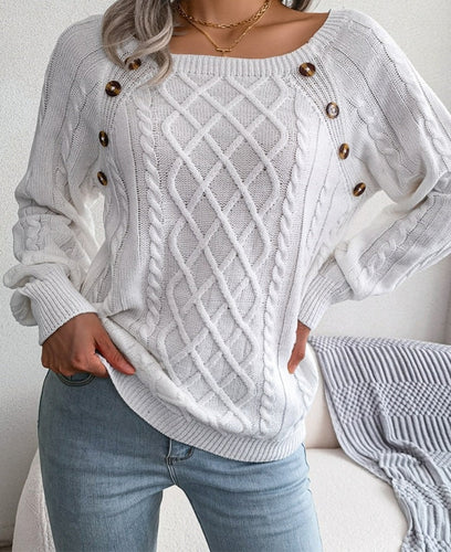 Drune Pullover | Gestrickter eleganter Damen-Pullover mit Knöpfen und Rippenmotiv