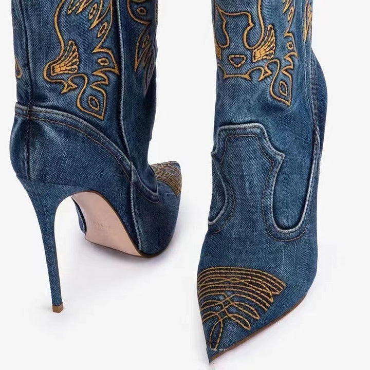 Drune | Damenmode Western Denim Stil High Heels Stiefel