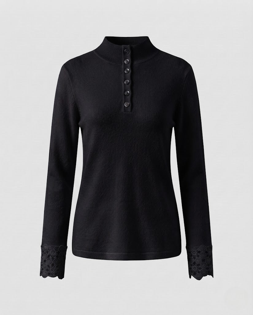 Damen Feiner Stehkragenpullover mit dekorativer Knopfleiste und Spitzenmanschetten Drune