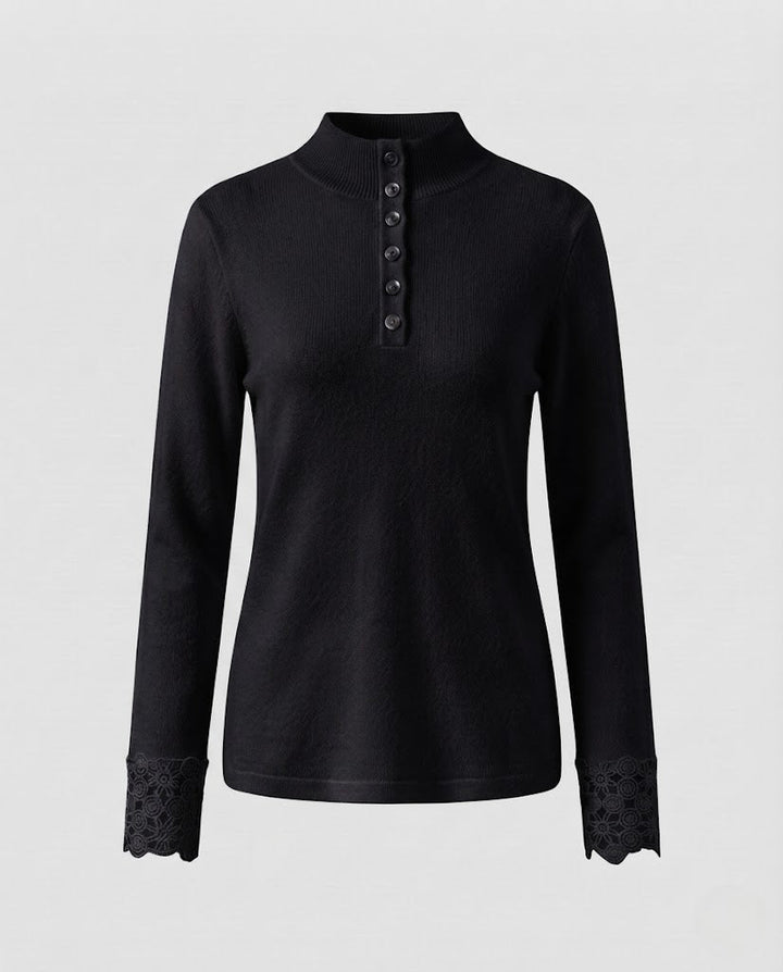 Damen Feiner Stehkragenpullover mit dekorativer Knopfleiste und Spitzenmanschetten Drune