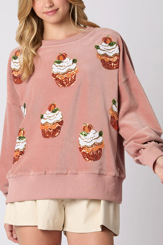 Drune | Weihnachts-Pumpkin-Kuchen Pailletten Rundhals lockeres Sweatshirt