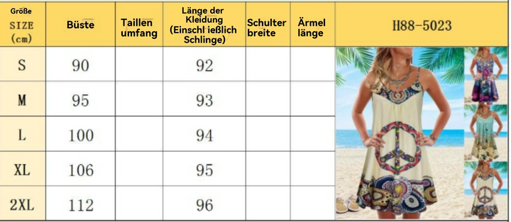 Drune | Bedrucktes lockeres Strandkleid mit ärmellosen Trägern