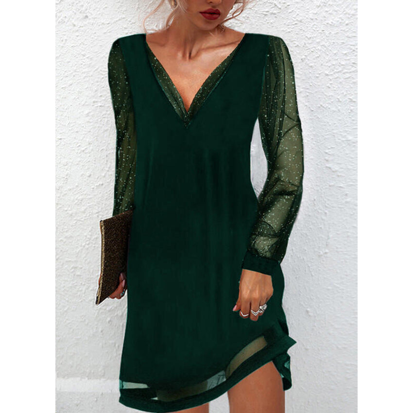 Drune | Solides Kleid mit Spitzenbesatz und V-Ausschnitt