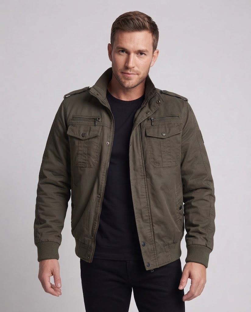 Herren Kurzpilotjacke aus Canvas mit verborgener thermischer Fütterung und Schulterepauletten drune