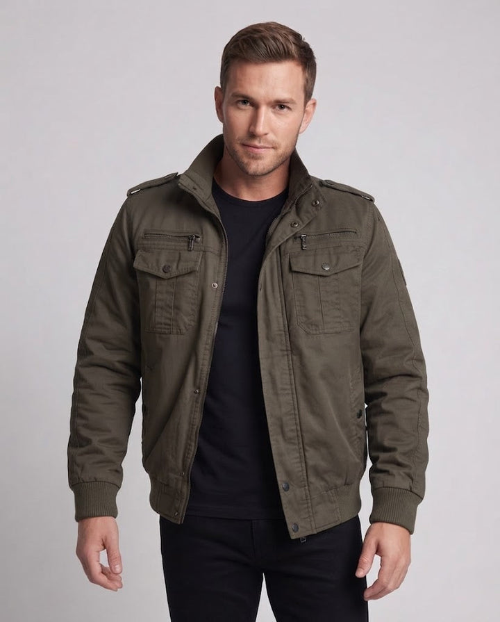 Herren Kurzpilotjacke aus Canvas mit verborgener thermischer Fütterung und Schulterepauletten drune