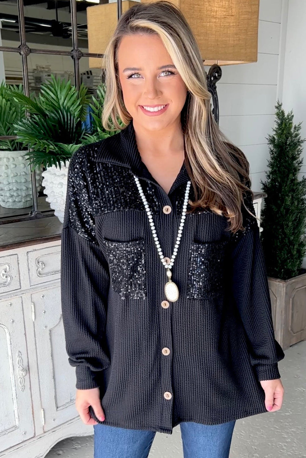 Drune | Gerippte Blusenjacke mit Pailletten-details Polyester-mischung Festlich und Trendy