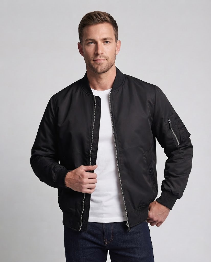 Herren leichter Nylon-Flightbomber mit Ärmeltasche, doppeltem Reißverschluss und gerippten Bündchen Drune