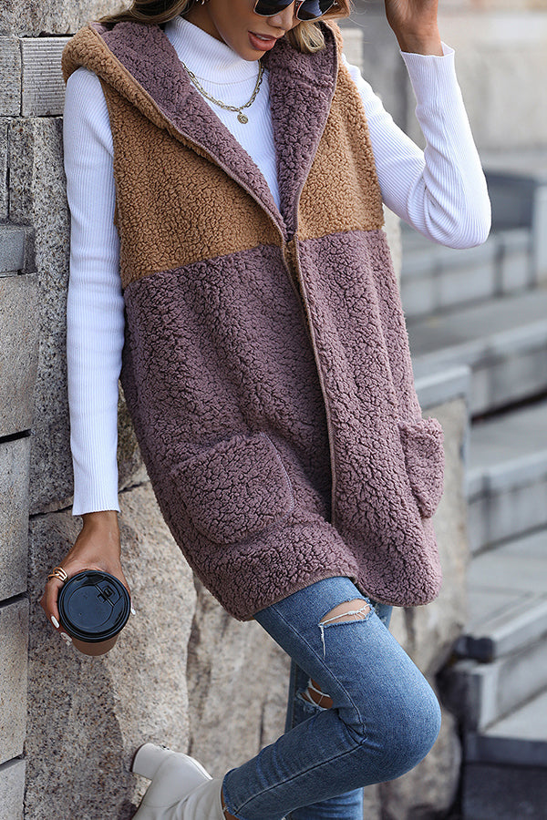 Drune | Ärmelloser Colorblock-Taschenloser Mid-Length Cardigan Puff-Velours-Jacke