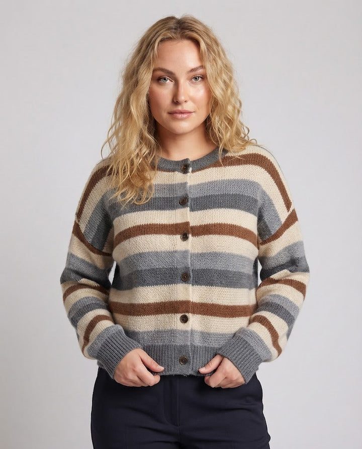 Damen Kurze Cardigan im Retro-Streifen-Look mit Rippenbündchen Drune