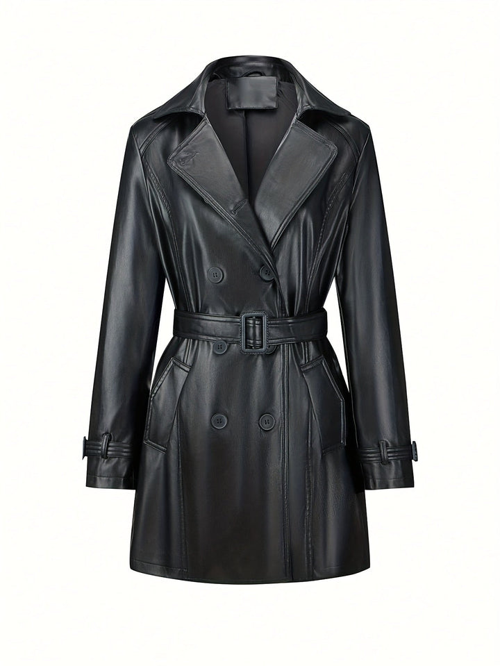 Drune | Trenchcoat aus Kunstleder mit Gürtel und Vintage-Ärmeldesign für Damen - Ideal für Alltagsmode