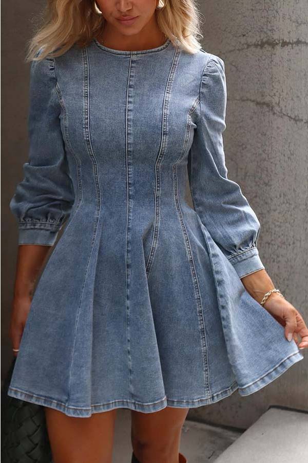 Drune | Fade Into You Denim Prinzessinnenlinie Rückenreißverschluss Flare Stretch Mini Kleid