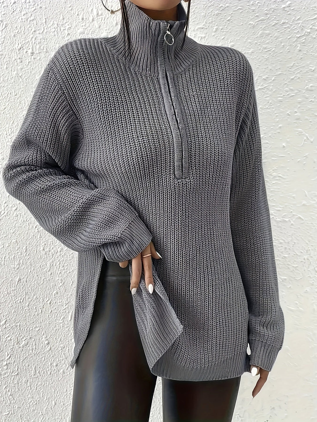 Drune | Damen Strickpullover mit Zipper – Oversized Sweater mit Stehkragen
