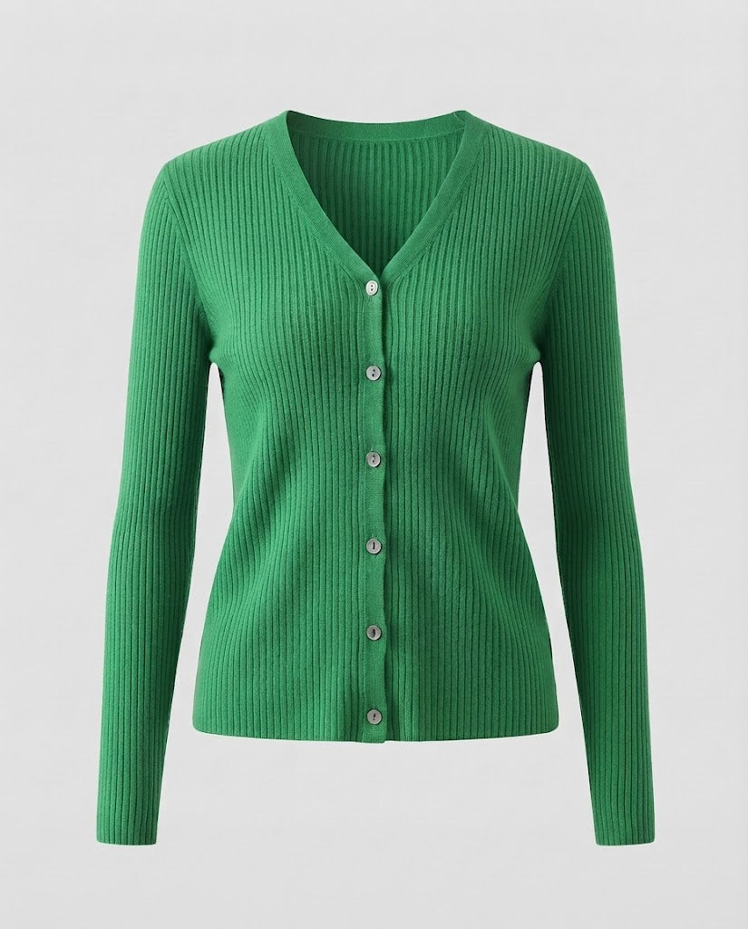 Damen Feiner gerippter V‑Neck-Cardigan aus Kaschmir‑Optik mit stretchiger Rippstruktur und Perlmuttknöpfen Drune