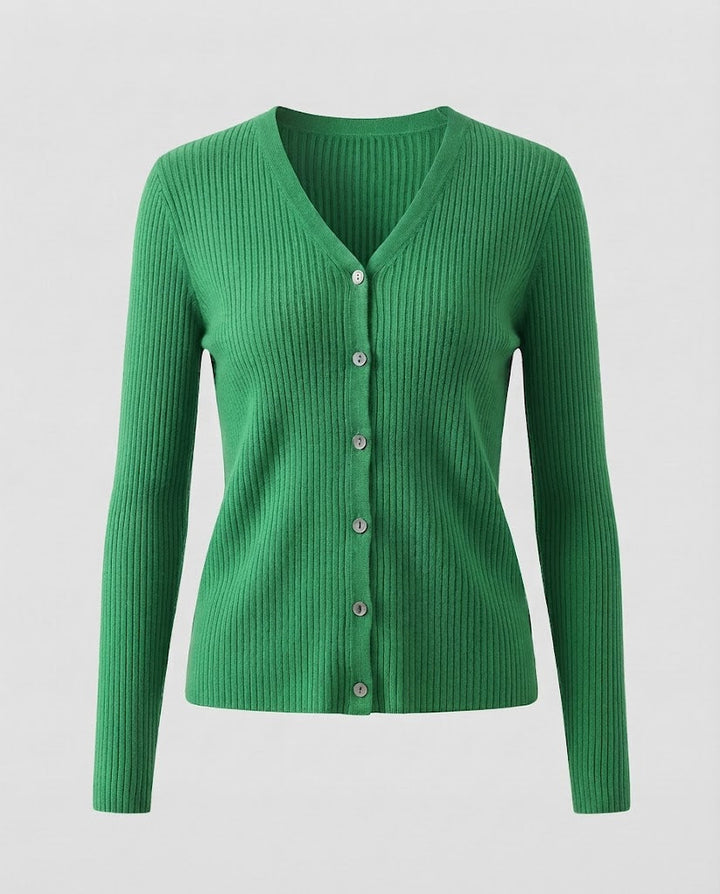 Damen Feiner gerippter V‑Neck-Cardigan aus Kaschmir‑Optik mit stretchiger Rippstruktur und Perlmuttknöpfen Drune