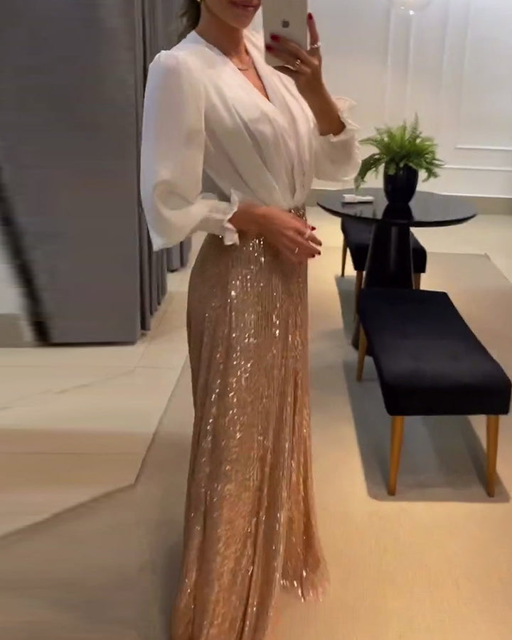 Drune | Elegante Einfarbige Bluse mit V-Ausschnitt und Laternenärmeln