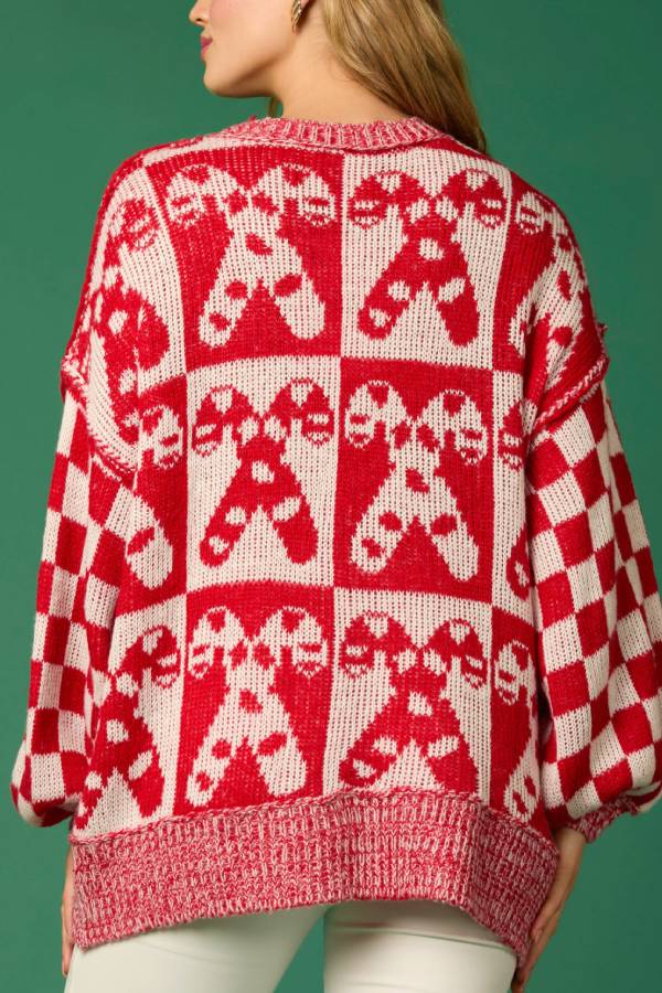 Drune | Weihnachtsbonbon Karo Rundhals Langarm Lockere Strickpullover