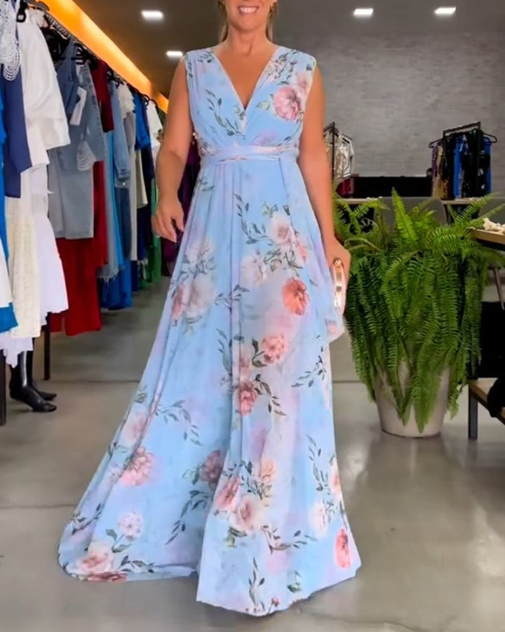 Drune | Elegantes Ärmelloses V-Ausschnitt Floral Druck Kleid