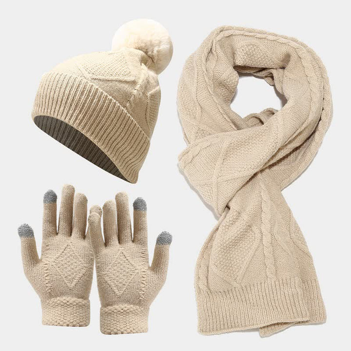 Drune | 3-teiliges gestricktes Accessoire-Set - stylische Damenmütze, Schal und Handschuhe