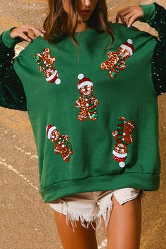 Drune | Weihnachten Lässig Locker Rundhals Pailletten Ärmel Sweatshirt